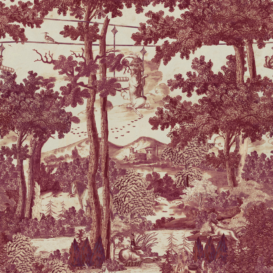 TOILE DU CARPATHIANS Ruby wallpaper by MINDTHEGAP, full pattern detail.