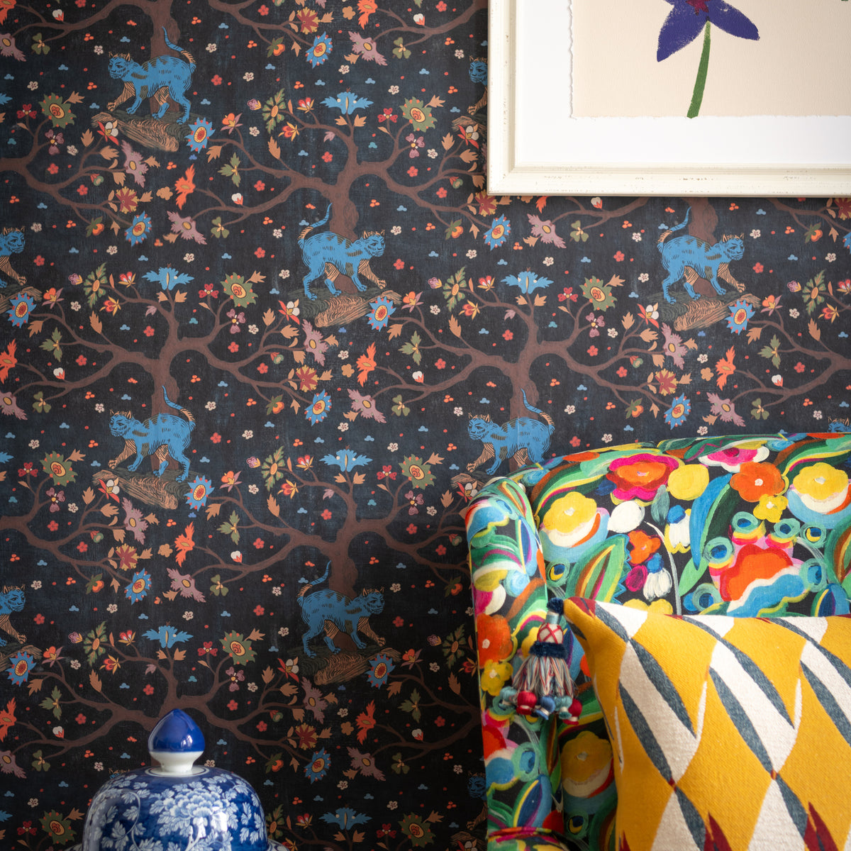 Tree Of Life Anthracite wallpaper by MINDTHEGAP, close-up in a styled interior.