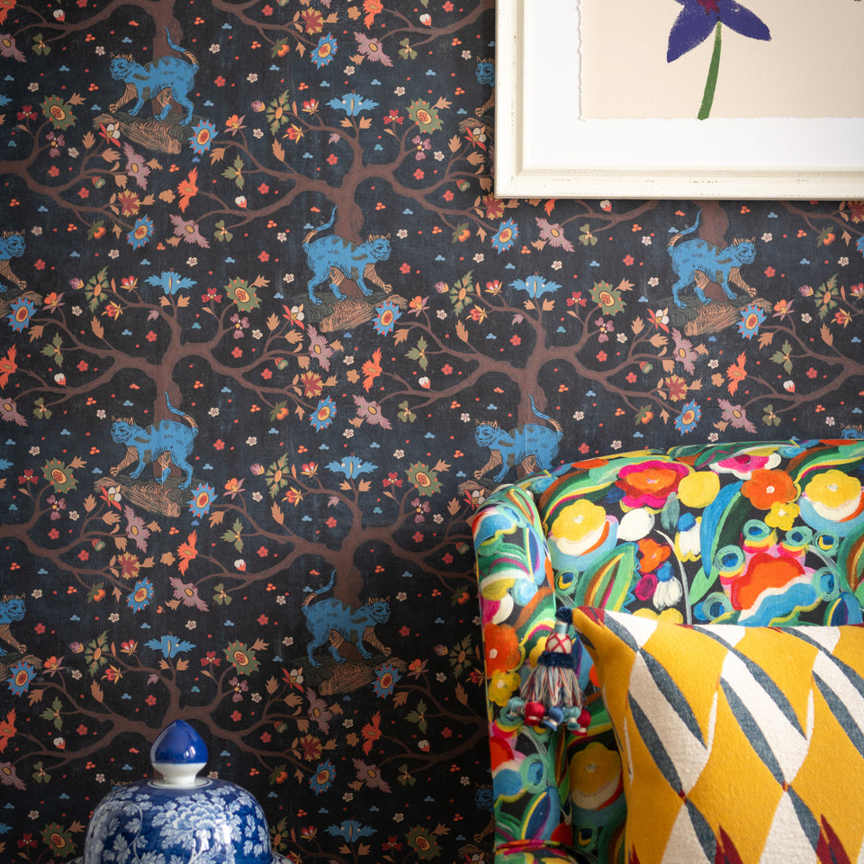 Tree Of Life Anthracite wallpaper by MINDTHEGAP, close-up in a styled interior.