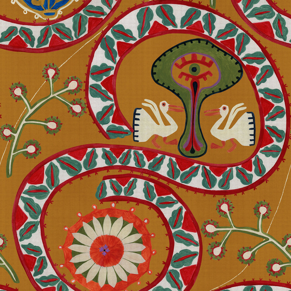TWO STORKS Ochre wallpaper by MINDTHEGAP, full pattern detail.