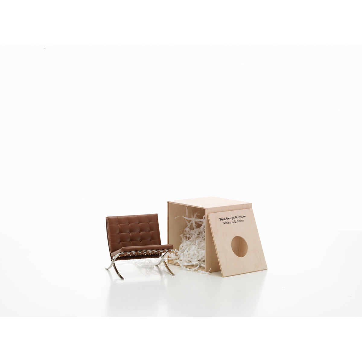 Miniature MR 90 Barcelona Chair by Mies VD Rohe for Vitra, 1:6-scale collectible model shown with its presentation box