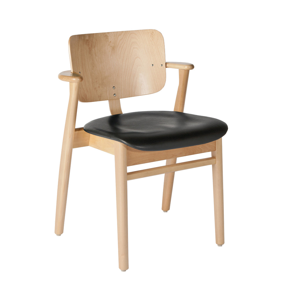 Domus Chair with Upholstered Black Leather Seat by Ilmari Tapiovaara for Artek