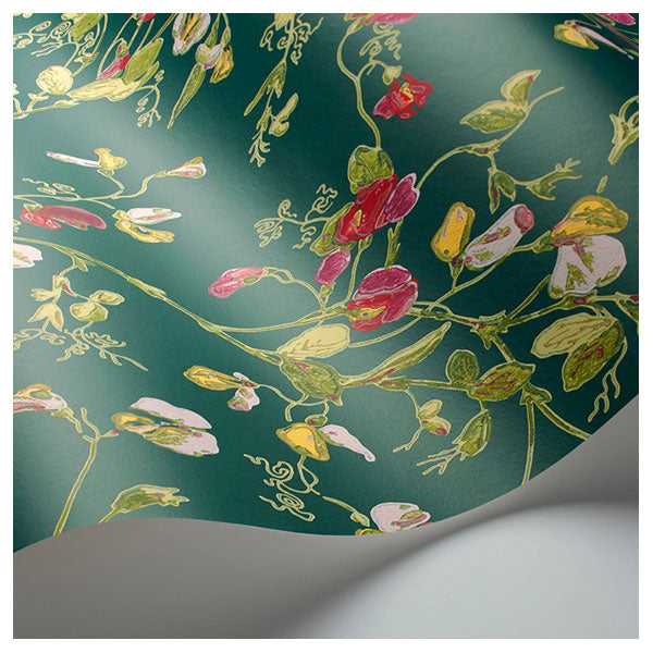 Sweet Pea in Cerise & Magenta on Viridian Wallpaper by Cole & Son