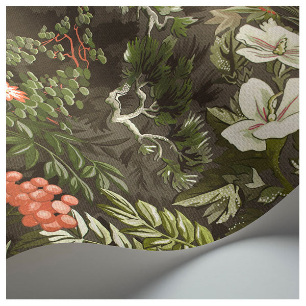 Woodland in Coral, Olive & Charcoal Wallpaper by Cole & Son