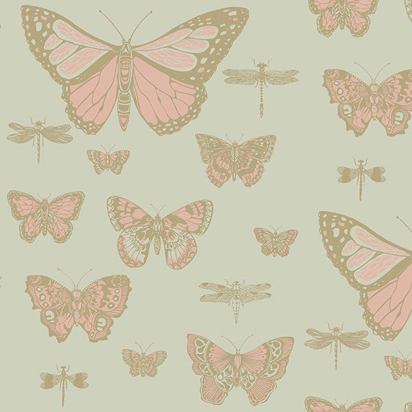 Butterflies & Dragonflies in Pink on Olive Wallpaper by Cole & Son