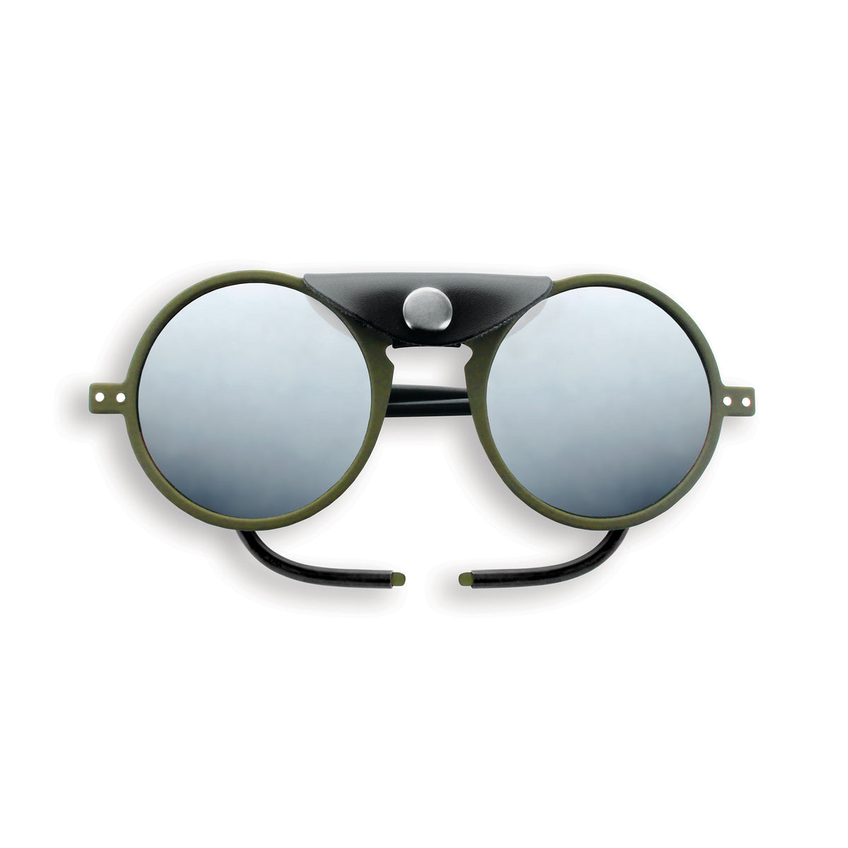 Frame and lens detail of IZIPIZI Glacier Sunglasses in Kaki Green