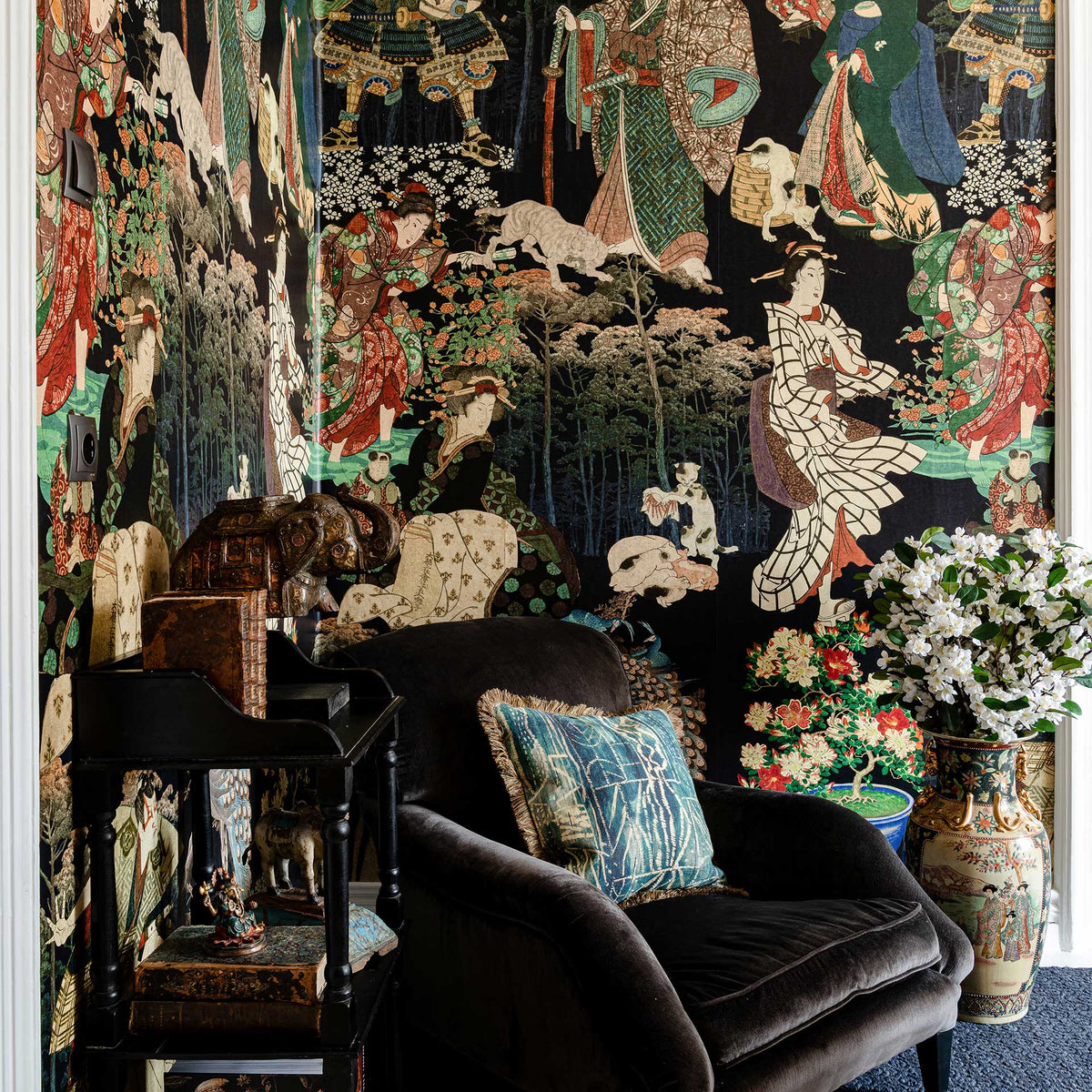 Japanese style wallpaper in dark blue indigo