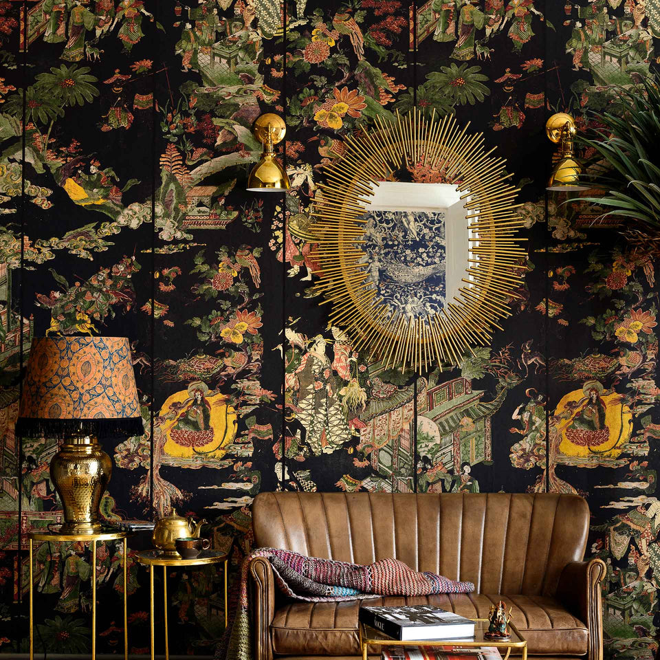 Oriental style wallpaper with Chinese and Japanese folding screens