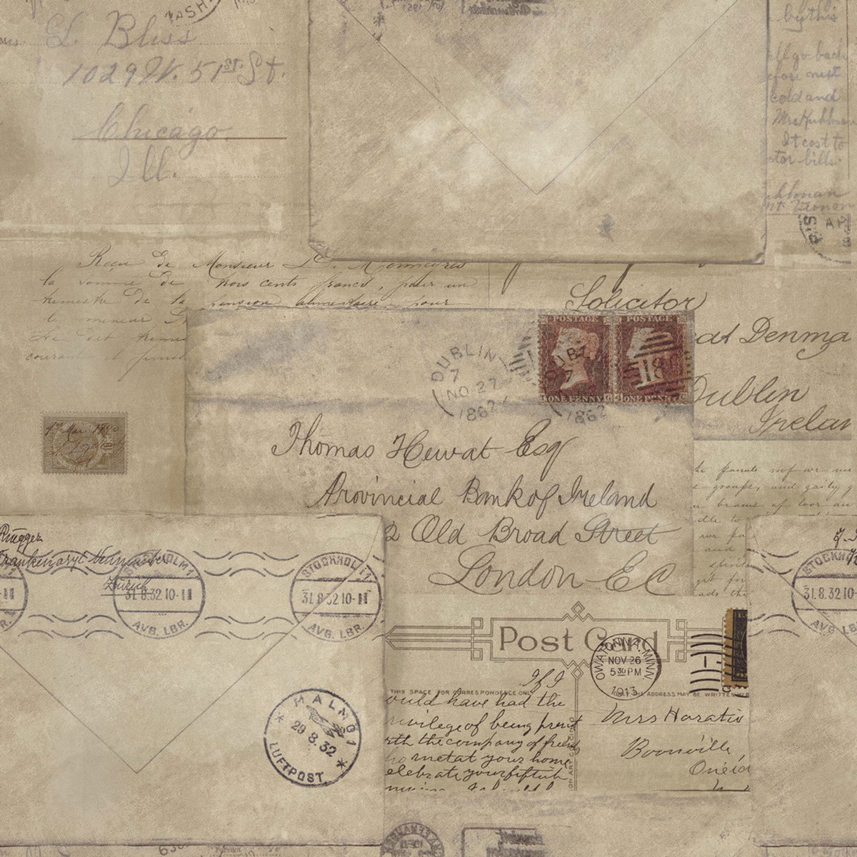 Sepia toned wallpaper with vintage mail letters