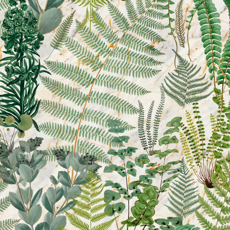 green beige botanical wallpaper with plants ferns